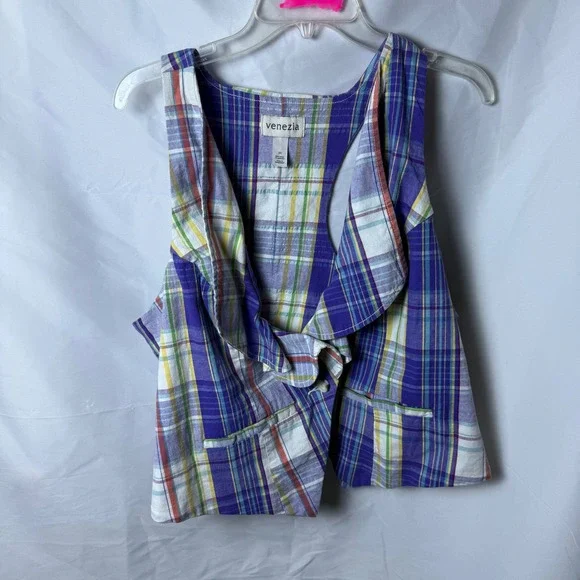 Venezia Women's Plaid Vest Size‎ 20 Ruffle Front Pockets Lightweight - Picture 2 of 5